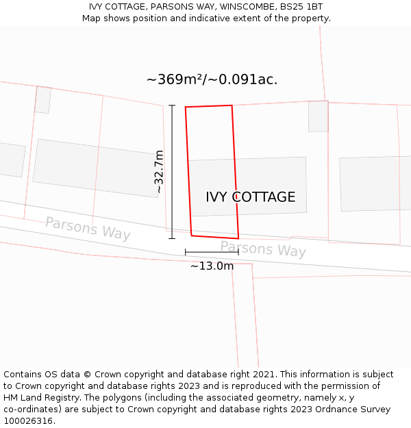 IVY COTTAGE, PARSONS WAY, WINSCOMBE, BS25 1BT: Plot and title map