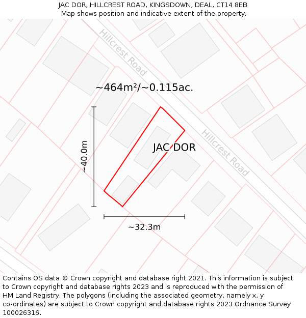 JAC DOR, HILLCREST ROAD, KINGSDOWN, DEAL, CT14 8EB: Plot and title map