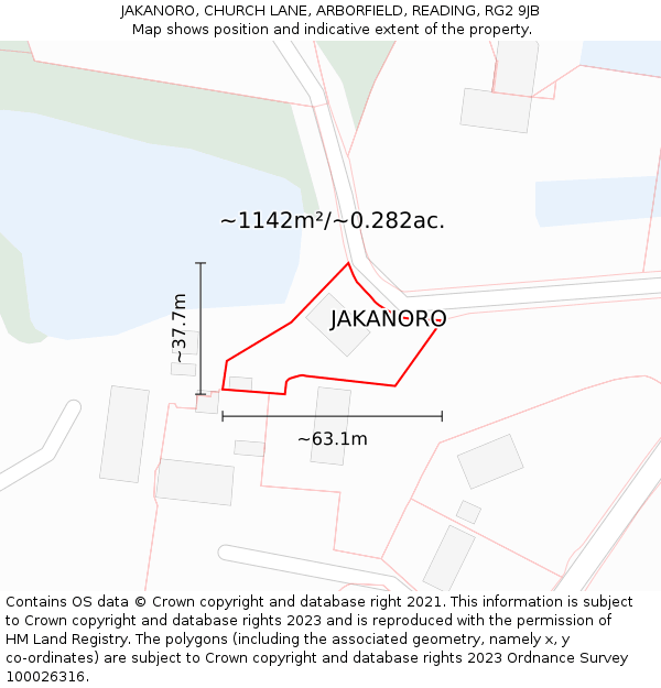 JAKANORO, CHURCH LANE, ARBORFIELD, READING, RG2 9JB: Plot and title map