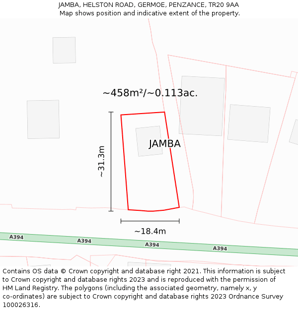 JAMBA, HELSTON ROAD, GERMOE, PENZANCE, TR20 9AA: Plot and title map