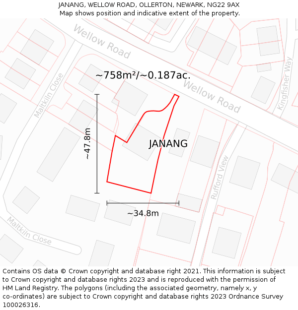 JANANG, WELLOW ROAD, OLLERTON, NEWARK, NG22 9AX: Plot and title map