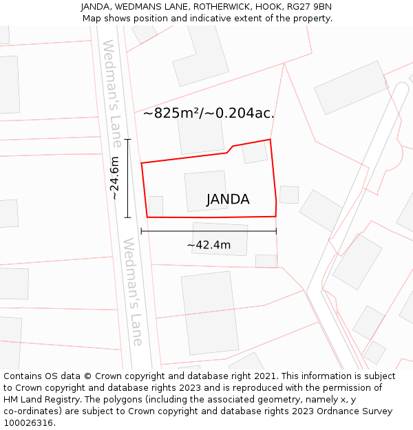 JANDA, WEDMANS LANE, ROTHERWICK, HOOK, RG27 9BN: Plot and title map