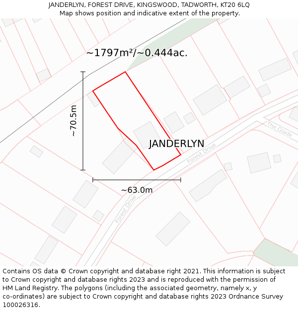 JANDERLYN, FOREST DRIVE, KINGSWOOD, TADWORTH, KT20 6LQ: Plot and title map