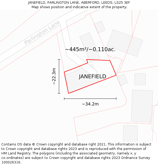 JANEFIELD, PARLINGTON LANE, ABERFORD, LEEDS, LS25 3EF: Plot and title map