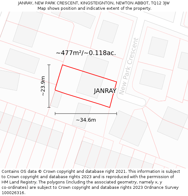 JANRAY, NEW PARK CRESCENT, KINGSTEIGNTON, NEWTON ABBOT, TQ12 3JW: Plot and title map