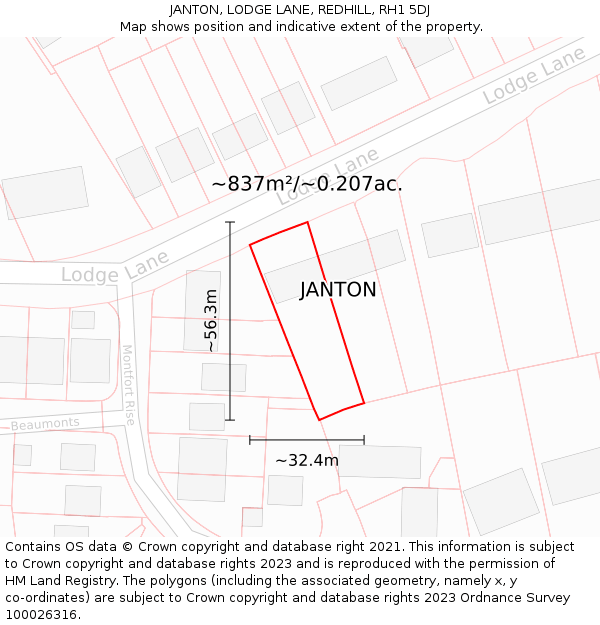 JANTON, LODGE LANE, REDHILL, RH1 5DJ: Plot and title map