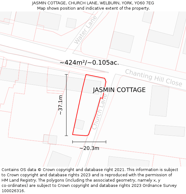 JASMIN COTTAGE, CHURCH LANE, WELBURN, YORK, YO60 7EG: Plot and title map