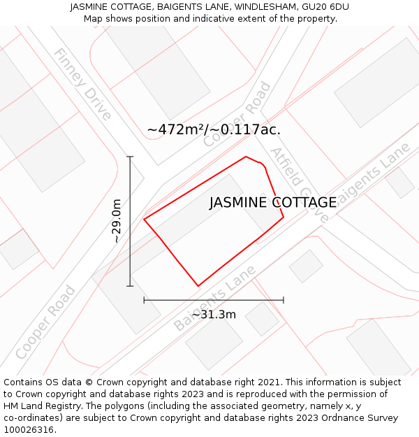 JASMINE COTTAGE, BAIGENTS LANE, WINDLESHAM, GU20 6DU: Plot and title map