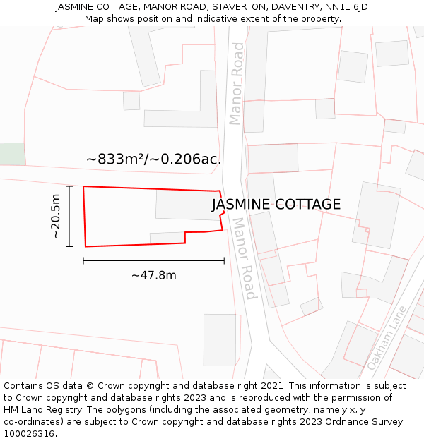 JASMINE COTTAGE, MANOR ROAD, STAVERTON, DAVENTRY, NN11 6JD: Plot and title map