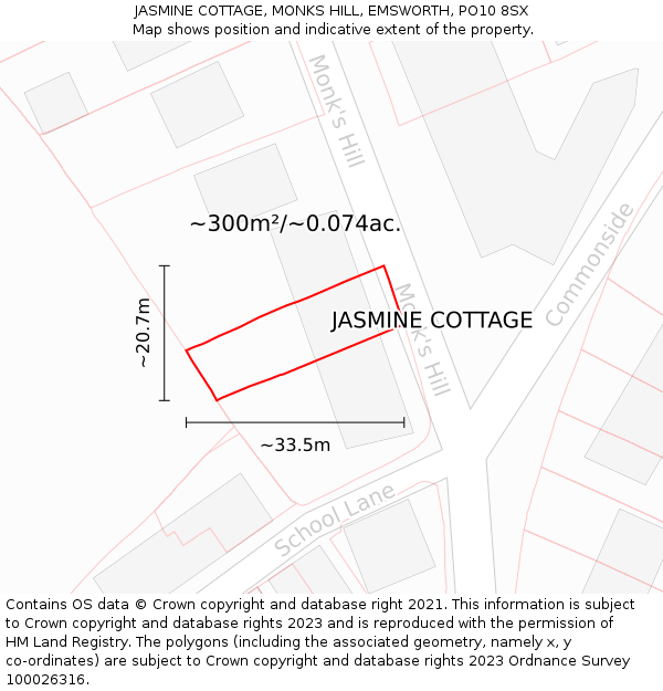 JASMINE COTTAGE, MONKS HILL, EMSWORTH, PO10 8SX: Plot and title map