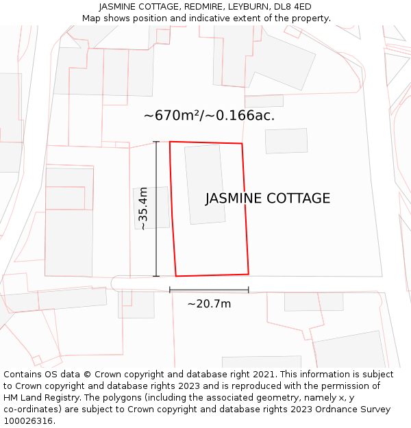 JASMINE COTTAGE, REDMIRE, LEYBURN, DL8 4ED: Plot and title map