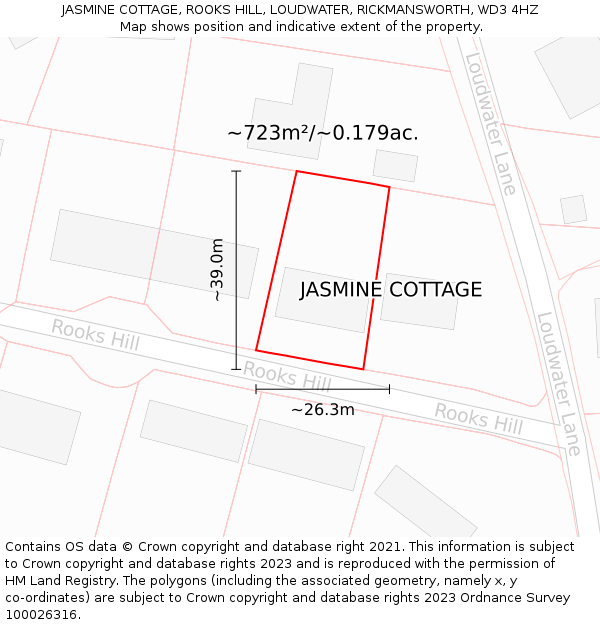 JASMINE COTTAGE, ROOKS HILL, LOUDWATER, RICKMANSWORTH, WD3 4HZ: Plot and title map