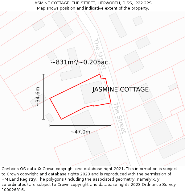 JASMINE COTTAGE, THE STREET, HEPWORTH, DISS, IP22 2PS: Plot and title map