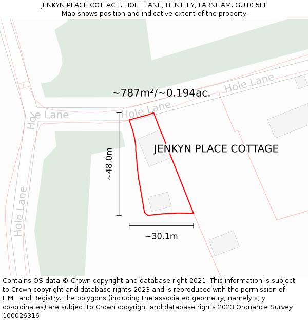 JENKYN PLACE COTTAGE, HOLE LANE, BENTLEY, FARNHAM, GU10 5LT: Plot and title map