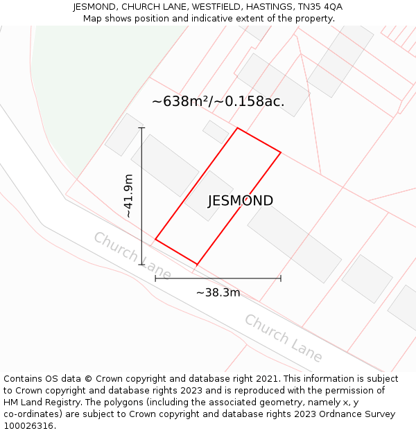 JESMOND, CHURCH LANE, WESTFIELD, HASTINGS, TN35 4QA: Plot and title map