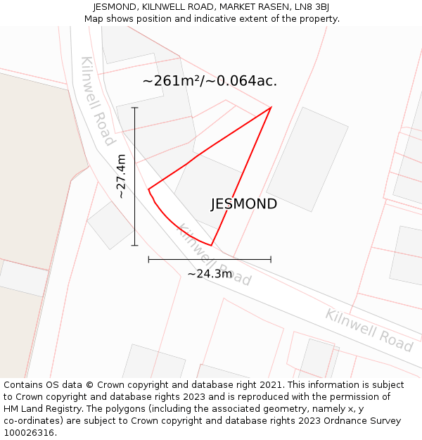 JESMOND, KILNWELL ROAD, MARKET RASEN, LN8 3BJ: Plot and title map