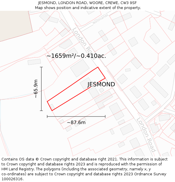 JESMOND, LONDON ROAD, WOORE, CREWE, CW3 9SF: Plot and title map