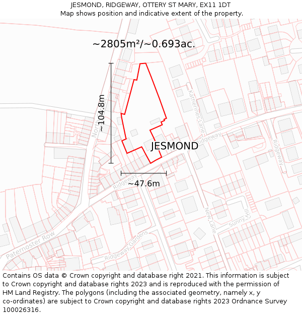 JESMOND, RIDGEWAY, OTTERY ST MARY, EX11 1DT: Plot and title map