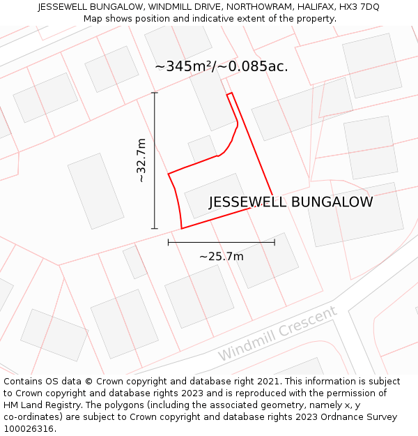 JESSEWELL BUNGALOW, WINDMILL DRIVE, NORTHOWRAM, HALIFAX, HX3 7DQ: Plot and title map