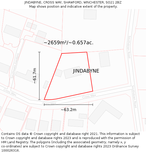 JINDABYNE, CROSS WAY, SHAWFORD, WINCHESTER, SO21 2BZ: Plot and title map