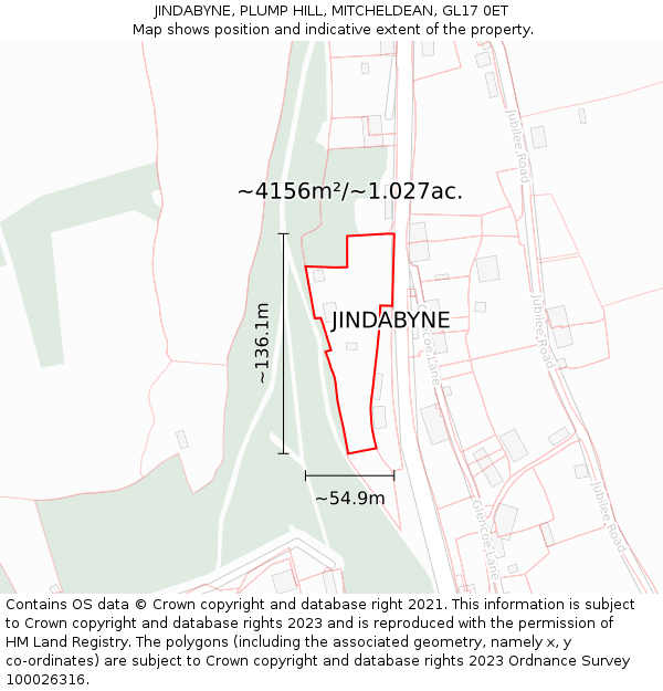 JINDABYNE, PLUMP HILL, MITCHELDEAN, GL17 0ET: Plot and title map