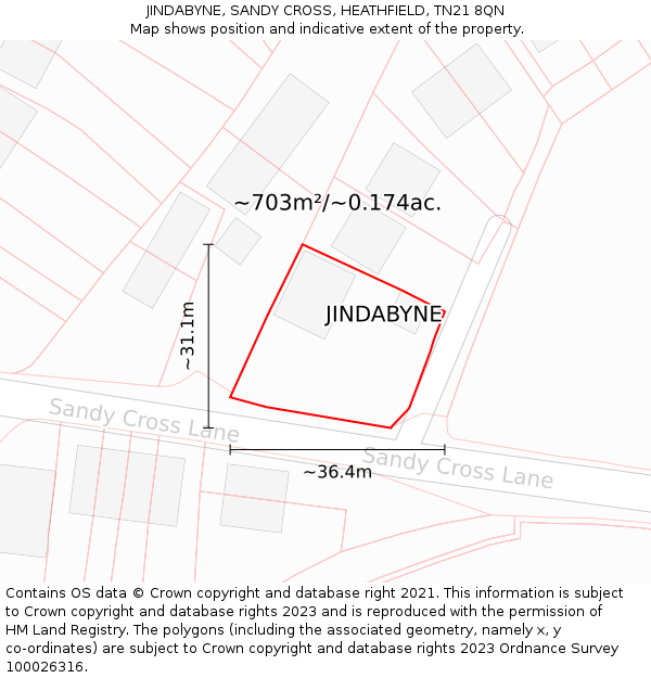 JINDABYNE, SANDY CROSS, HEATHFIELD, TN21 8QN: Plot and title map