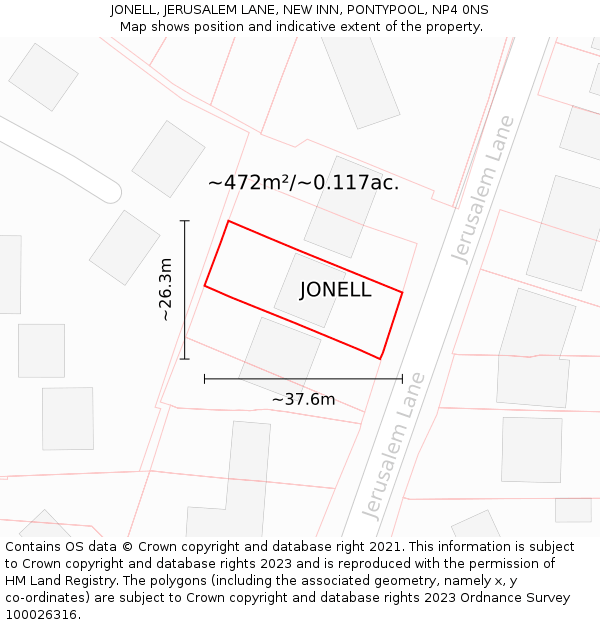 JONELL, JERUSALEM LANE, NEW INN, PONTYPOOL, NP4 0NS: Plot and title map