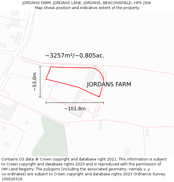 JORDANS FARM, JORDANS LANE, JORDANS, BEACONSFIELD, HP9 2SW: Plot and title map