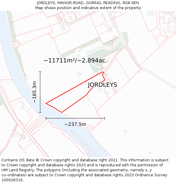 JORDLEYS, MANOR ROAD, GORING, READING, RG8 9EN: Plot and title map