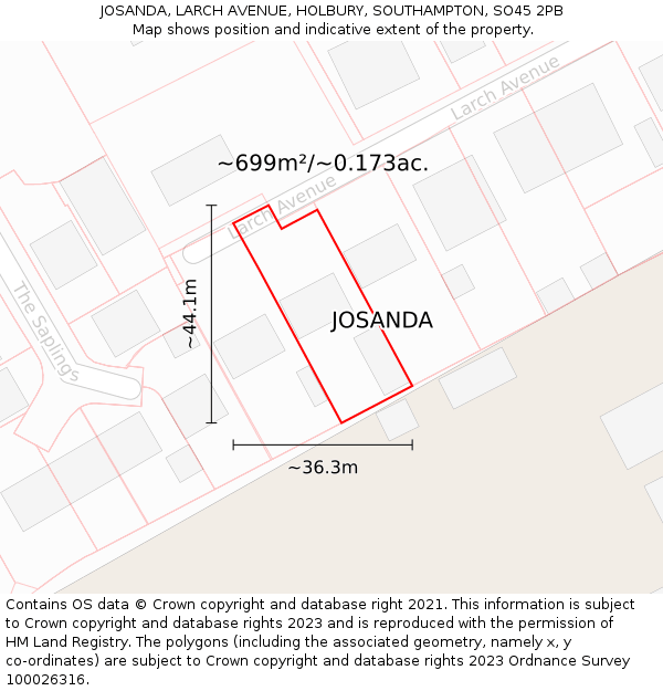 JOSANDA, LARCH AVENUE, HOLBURY, SOUTHAMPTON, SO45 2PB: Plot and title map