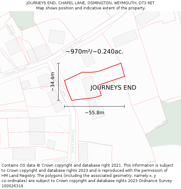 JOURNEYS END, CHAPEL LANE, OSMINGTON, WEYMOUTH, DT3 6ET: Plot and title map