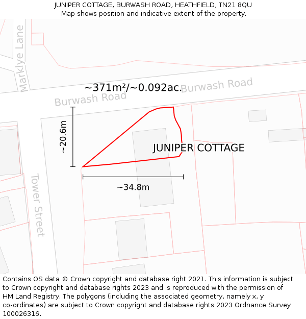 JUNIPER COTTAGE, BURWASH ROAD, HEATHFIELD, TN21 8QU: Plot and title map