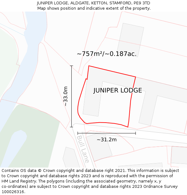 JUNIPER LODGE, ALDGATE, KETTON, STAMFORD, PE9 3TD: Plot and title map