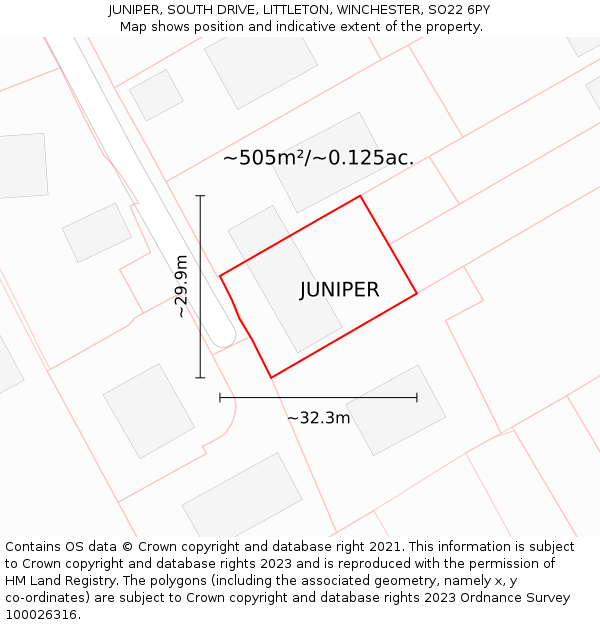 JUNIPER, SOUTH DRIVE, LITTLETON, WINCHESTER, SO22 6PY: Plot and title map