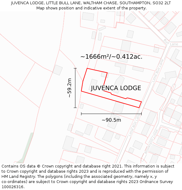 JUVENCA LODGE, LITTLE BULL LANE, WALTHAM CHASE, SOUTHAMPTON, SO32 2LT: Plot and title map