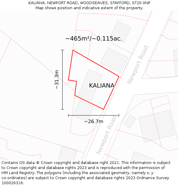 KALIANA, NEWPORT ROAD, WOODSEAVES, STAFFORD, ST20 0NP: Plot and title map