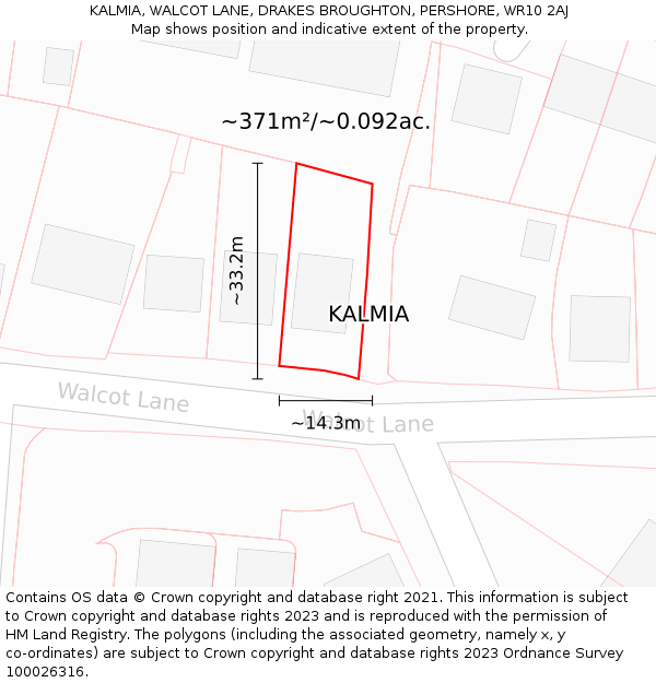 KALMIA, WALCOT LANE, DRAKES BROUGHTON, PERSHORE, WR10 2AJ: Plot and title map