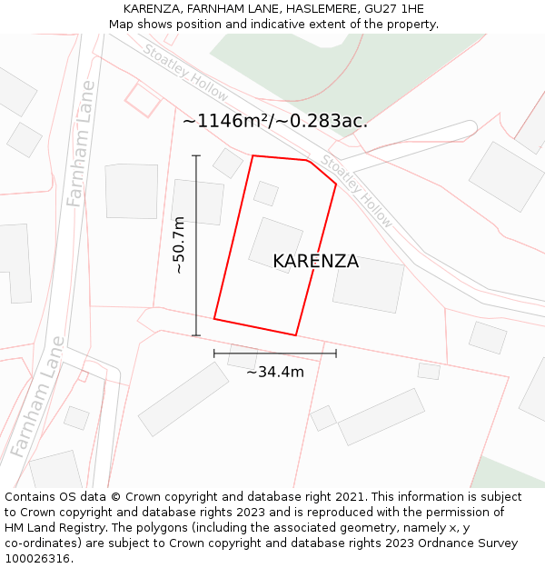 KARENZA, FARNHAM LANE, HASLEMERE, GU27 1HE: Plot and title map