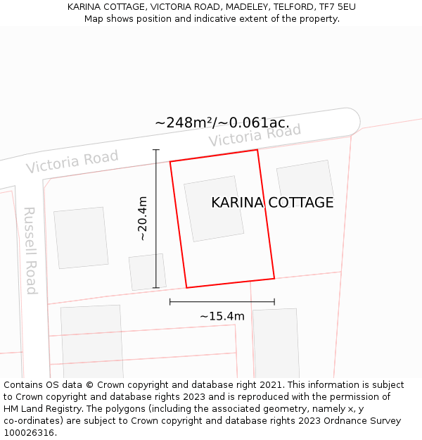 KARINA COTTAGE, VICTORIA ROAD, MADELEY, TELFORD, TF7 5EU: Plot and title map