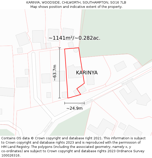 KARINYA, WOODSIDE, CHILWORTH, SOUTHAMPTON, SO16 7LB: Plot and title map