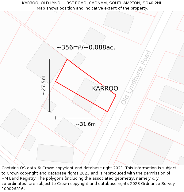 KARROO, OLD LYNDHURST ROAD, CADNAM, SOUTHAMPTON, SO40 2NL: Plot and title map