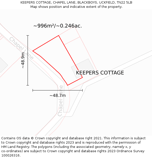 KEEPERS COTTAGE, CHAPEL LANE, BLACKBOYS, UCKFIELD, TN22 5LB: Plot and title map