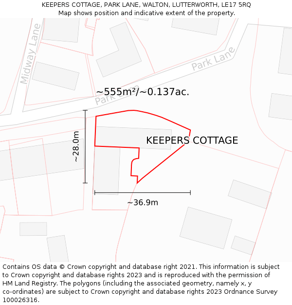 KEEPERS COTTAGE, PARK LANE, WALTON, LUTTERWORTH, LE17 5RQ: Plot and title map