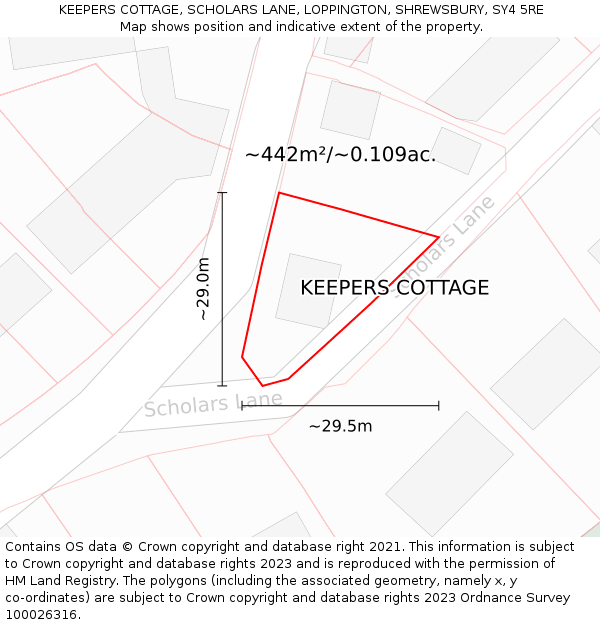 KEEPERS COTTAGE, SCHOLARS LANE, LOPPINGTON, SHREWSBURY, SY4 5RE: Plot and title map