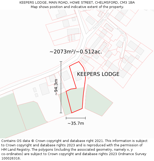 KEEPERS LODGE, MAIN ROAD, HOWE STREET, CHELMSFORD, CM3 1BA: Plot and title map