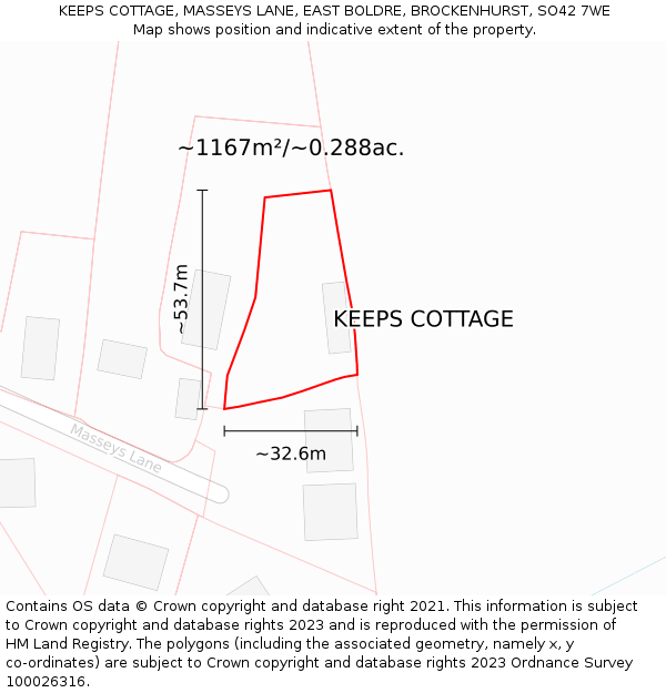 KEEPS COTTAGE, MASSEYS LANE, EAST BOLDRE, BROCKENHURST, SO42 7WE: Plot and title map