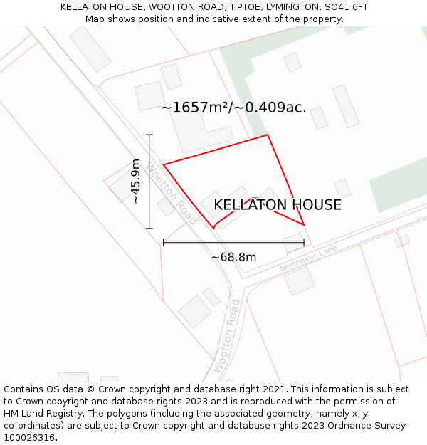 KELLATON HOUSE, WOOTTON ROAD, TIPTOE, LYMINGTON, SO41 6FT: Plot and title map