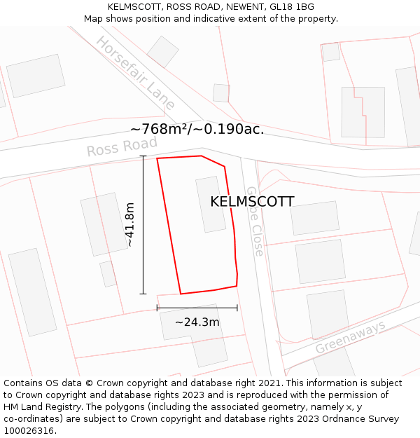 KELMSCOTT, ROSS ROAD, NEWENT, GL18 1BG: Plot and title map