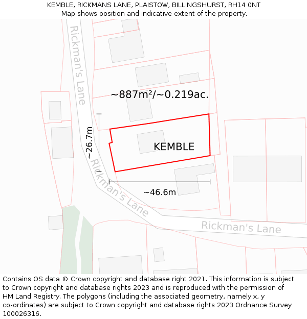 KEMBLE, RICKMANS LANE, PLAISTOW, BILLINGSHURST, RH14 0NT: Plot and title map