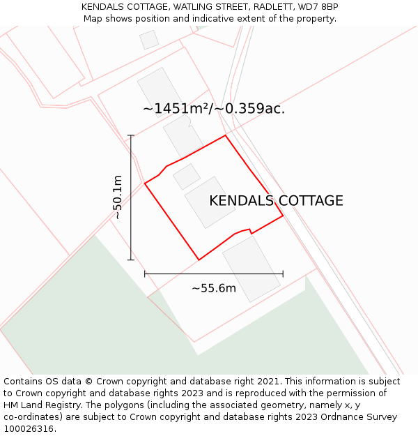 KENDALS COTTAGE, WATLING STREET, RADLETT, WD7 8BP: Plot and title map